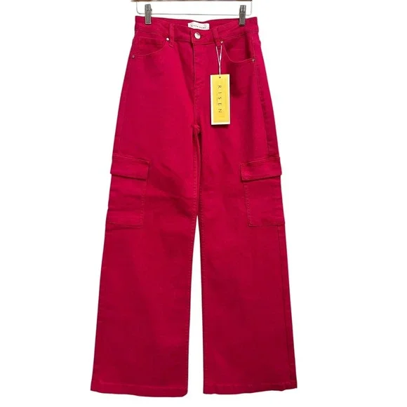 Risen Cargo Jeans Womens 7/28 Fuchsia Pink Wide Leg Utility Y2K Streetwear Bold - Picture 3 of 13